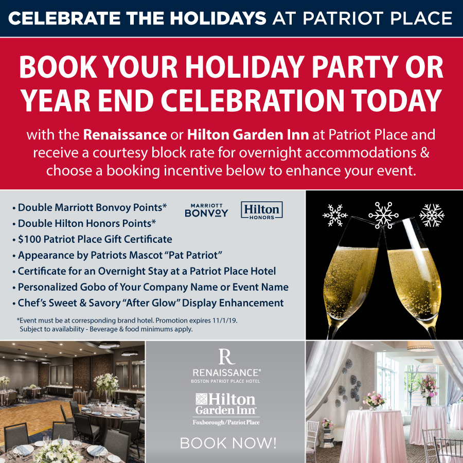 Book Your Holiday Party or Year End Celebration at Renaissance Boston Patriot Place Hotel or Hilton Garden Inn Patriot Place